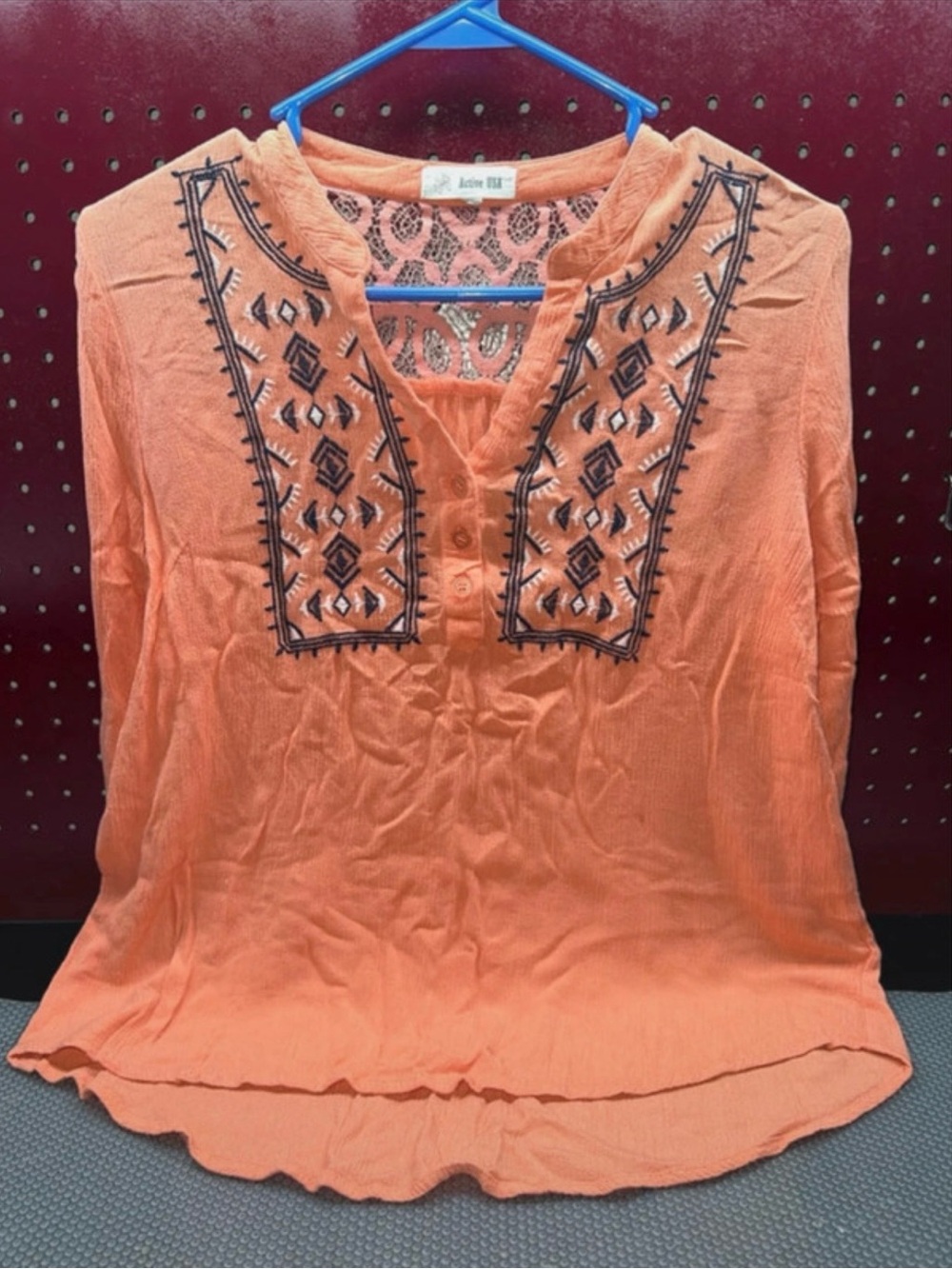 Active USA Coral Orange Embroidered Peasant Tunic